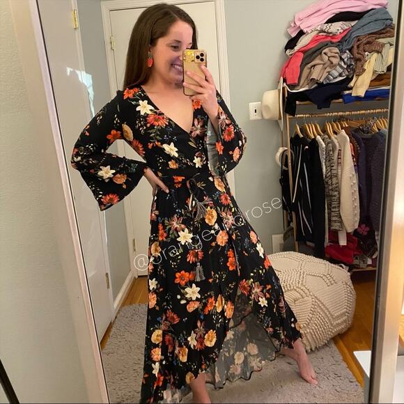 FARM Rio Brazil Black Floral Wrap Front Long Sleeve Maxi Dress Tropical XS - Picture 15 of 16